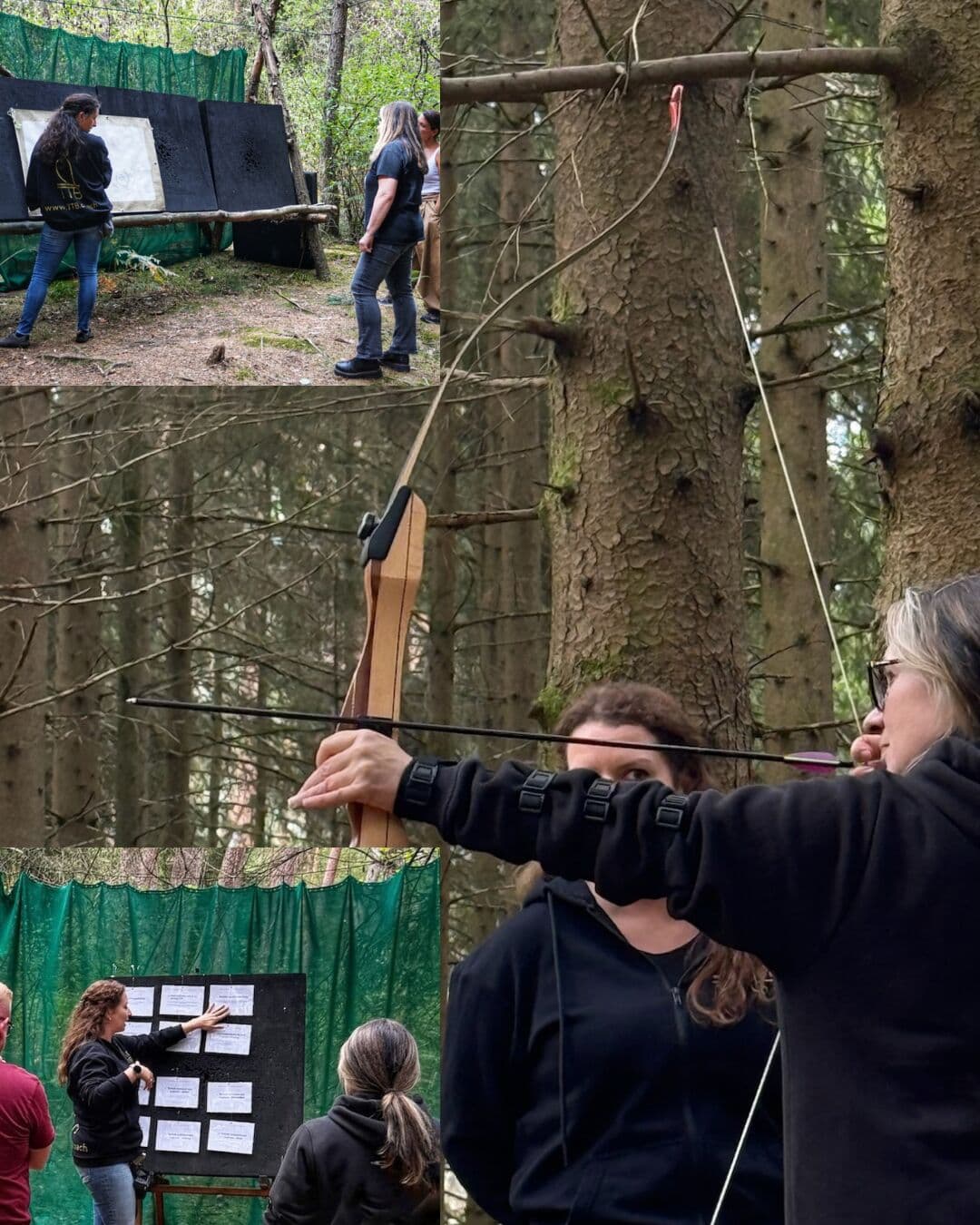 Collage aus der Ausbildung: eine Gruppe an Zielscheiben im Wald, eine Schützin zieht zwischen Fichten den Bogen aus, eine Ausbilderin erklärt an einer Tafel mit Aushängen